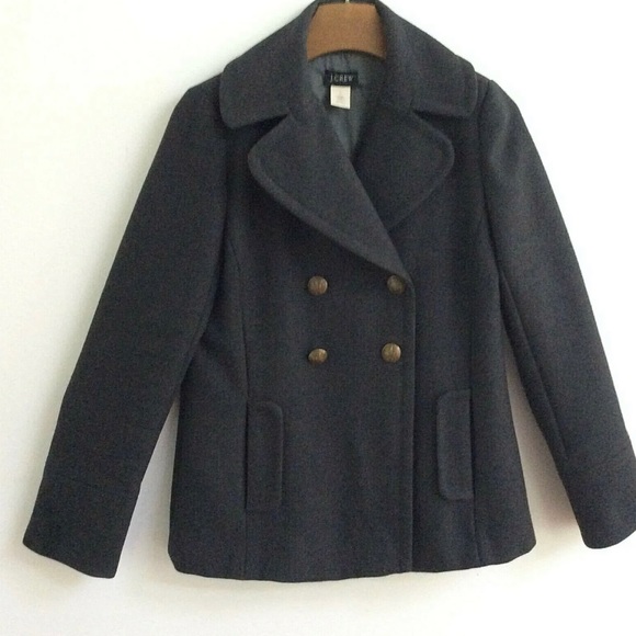 J Crew Women's 100% Wool Coat Size 6 Double Breasted Brass Like Buttons Charcoal